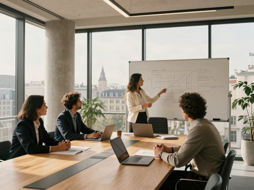 Consultants discussing business strategy in a sunlit modern boardroom